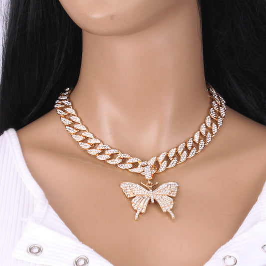 Hip Hop Trend Ins Style Diamond Butterfly Cuban Pull Daikin Clavicle Chain Unisex